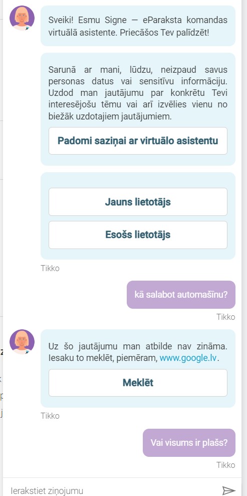 eParaksts virtuālais asistents par auto labošanu iesaka apmeklēt Google