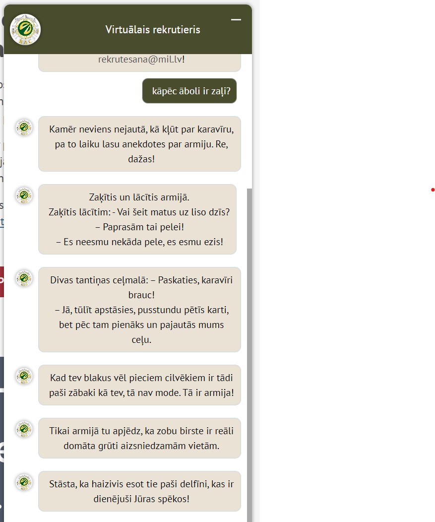 Nacionālie bruņotie spēki. Virtuālais asistents un anekdotes.